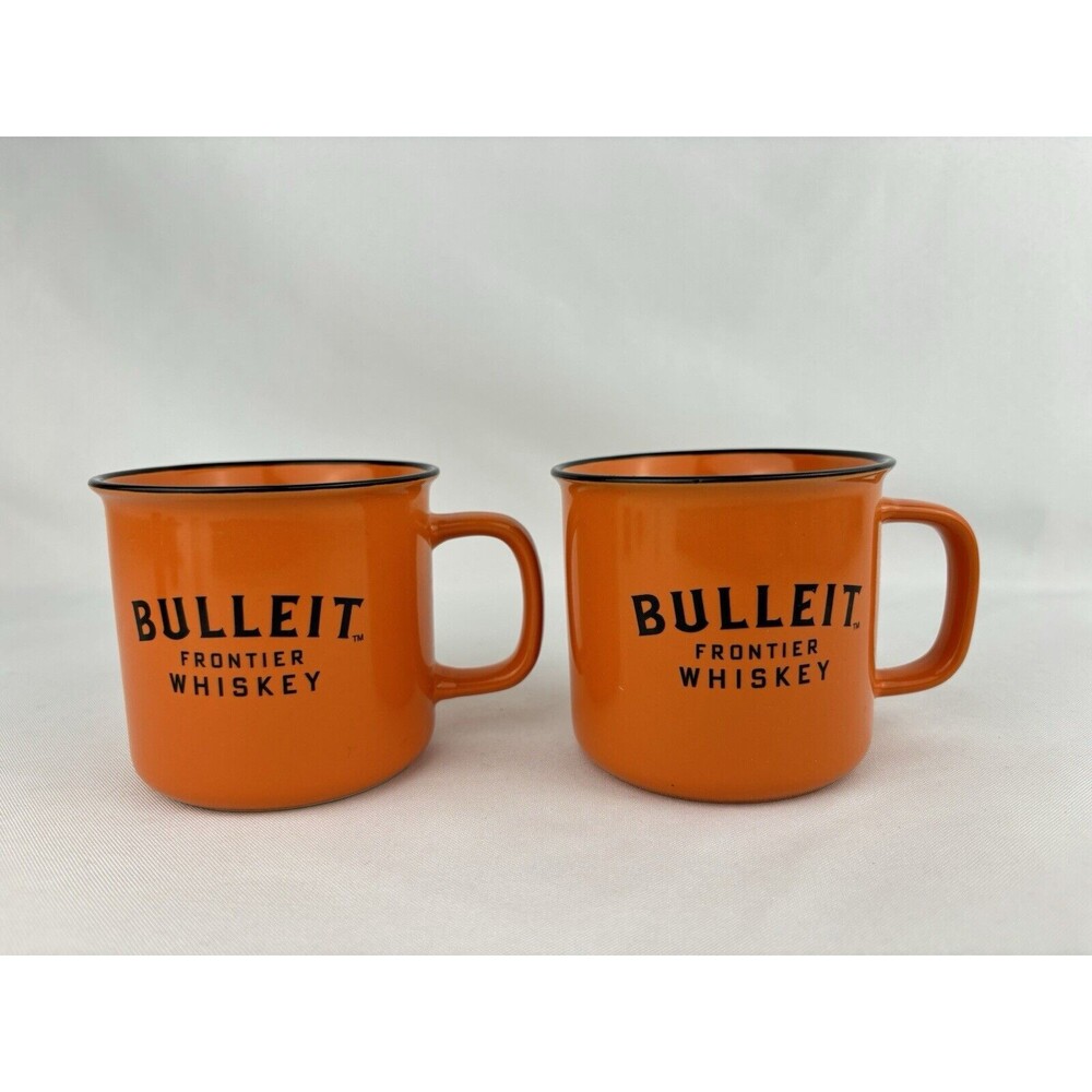 Bulleit Frontier Whiskey Orange Ceramic Coffee Mug Cup‎ Matching Set of TWO